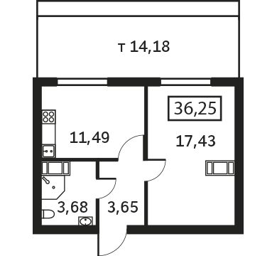 Однокомнатная квартира 36.25 м²