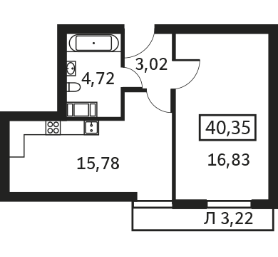 Однокомнатная квартира 40.35 м²
