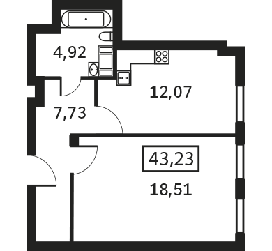 Однокомнатная квартира 42.23 м²