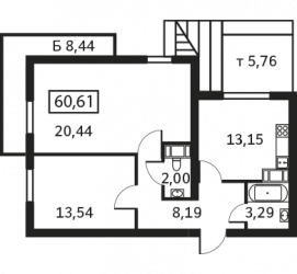 Двухкомнатная квартира 60.61 м²