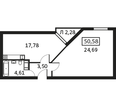 Однокомнатная квартира 51.72 м²