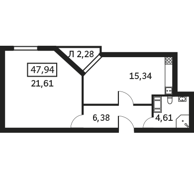 Однокомнатная квартира 47.94 м²